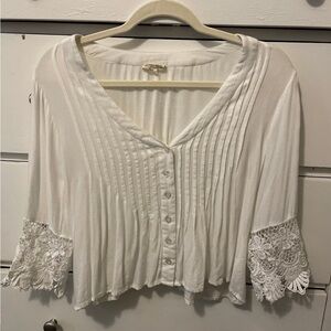 White Lace Trim Button-Up Top